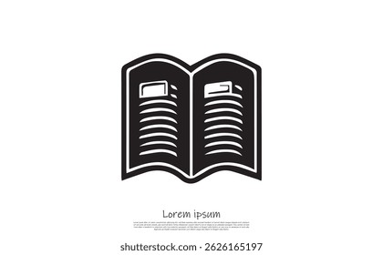 Depicts an open book, the pages displaying abstract text, set against a transparent backdrop with bold black and white design.