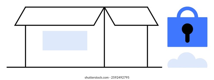 Depicts an open box and padlock above a cloud. Ideal for storage themes, security concepts, cloud services, data protection, and safe storage solutions. Simple design, minimalistic style