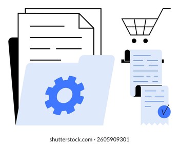Depicts papers, a folder with a gear, shopping cart with receipts. Ideal for digital documentation, e-commerce, online purchases, business processes, and organizational tools. Simple flat style
