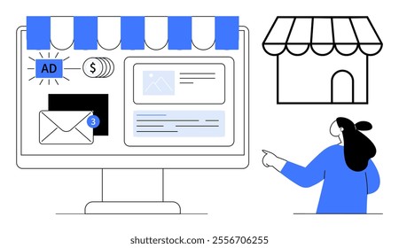 Depicts a person pointing at a computer screen with elements of online business such as ads, emails, and financials, next to a small store front. Ideal for online business, digital marketing, small