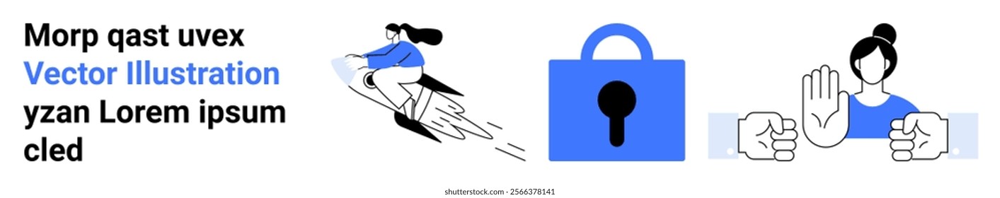 Depicts a person riding a rocket, a padlock, and a woman making a stop gesture. Ideal for online privacy, cybersecurity, digital safety, secure access, and data protection. Landing page