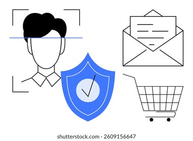 Depicts a persons face being scanned, an email envelope, a shield with a check mark and a shopping cart. Ideal for online identity verification, email security, online shopping security, digital