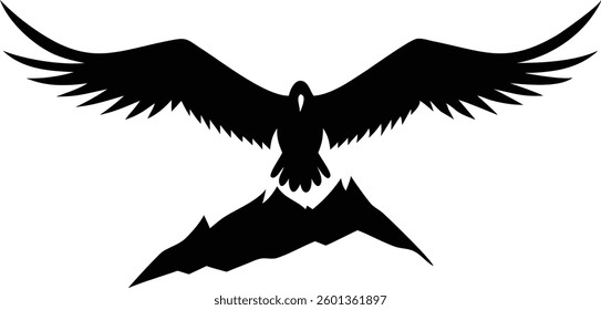 Depicts a powerful black eagle with outstretched wings soaring above jagged mountain peaks, presented in a striking silhouette against a white backdrop.