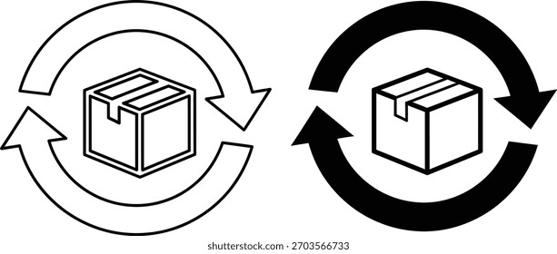 Depicts a return and exchange or packaging circulation concept with two different graphics on a white background. Each shows a box surrounded by a curved arrow indicating process.