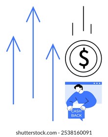 Representa flechas en aumento, signo del dólar y persona que sostiene la cartelera de devolución de dinero. Ideal para el crecimiento financiero, los retornos de la inversión, el ahorro, la prosperidad económica y las recompensas de reembolso. Estilo limpio y minimalista