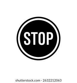 Depicts a round black stop sign with a white border and the word STOP in bold white letters. Isolated on a clean, transparent backdrop.