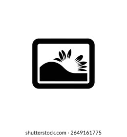 Depicts a rounded square frame filled with a floral motif extending from a hill on a transparent background, creating a simple, nature-inspired design.