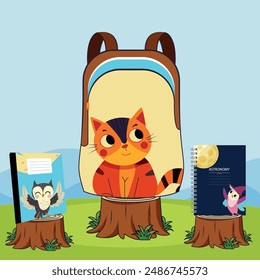 Representa una mochila escolar con un gato y cuadernos escolares