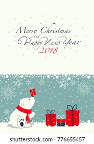 Depicts a seated little polar bear with gift box on the nose. The white Polar bear with the red scarf. Phrase merry Christmas and a happy New year ,numbers 2,0,1,8 on the white background.
