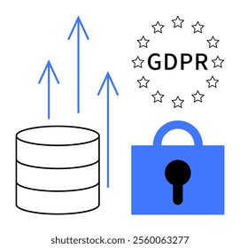 Depicts a secure lock, data growth arrows, and GDPR compliance. Ideal for data privacy, online security, legal compliance, information technology, and data protection themes. Simple design style