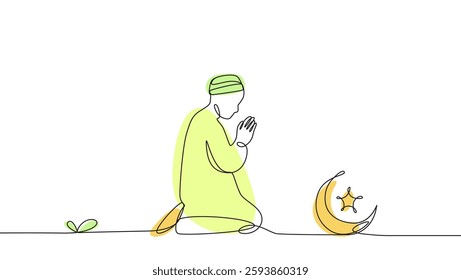 Depicts a serene minimalist illustration symbolizing prayer and spirituality with a crescent moon and star. Suitable for ramadan or islamic template.