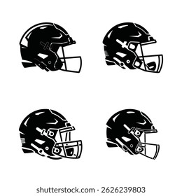 Depicts a set of four football helmets in silhouette vector with detailed protection equipment. A representation of American sport headgear is isolated.