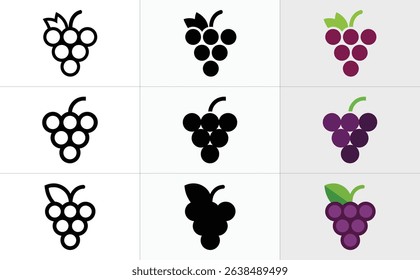 Depicts a set of grape illustrations, including line art, solid black silhouettes, and purple color versions with green leaves on a white background. Collection of grape icons.