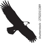 Depicts silhouette of bald eagle with outstretched wings. Symbolizes wildlife, freedom, and power. Great for logos and graphic designs.