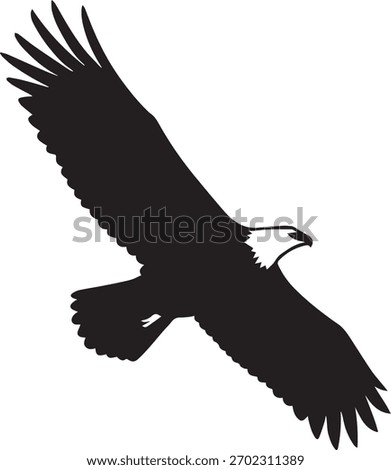 Depicts silhouette of bald eagle with outstretched wings. Symbolizes wildlife, freedom, and power. Great for logos and graphic designs.