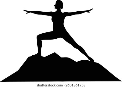 Depicts a silhouette of a woman in warrior pose standing on mountain against white backdrop. Black shape creates strong contrast, emphasizing physical form.