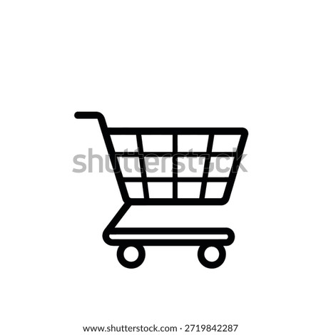 Depicts a simple black and white line drawing of a shopping cart icon, showing a cart with wheels and the metal basket grid pattern.