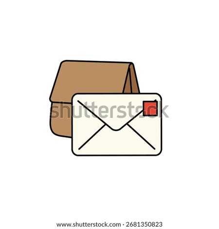 Depicts a simple brown paper bag next to a white mail envelope featuring a red postage stamp