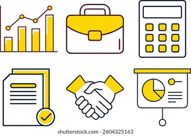 Depicts simple, flat style, outline icons. Includes a bar graph, briefcase, calculator, document with a checkmark, handshake, and pie chart on a white background.
