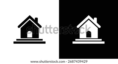 Depicts a simple home icon in both black and white variants. Each features a house silhouette with a pitched roof, a chimney, and a visible doorway.