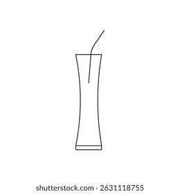 Depicts a simple yet elegant tall glass with a drinking straw using clean black outlines, set against a white backdrop in a minimalist style with transparent background.
