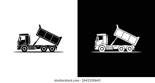 Depicts a simplified black and white graphic of a dump truck with a tilted bed, showcased in both black on white and white on black versions.