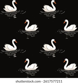 depicts six white swans calmly floating on the surface of the water on a black background
