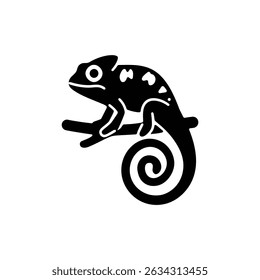 Depicts a solid black chameleon sitting calmly on a branch; the tail forms a spiral. The creature's eye is large and prominent. Delivered with a transparent background.