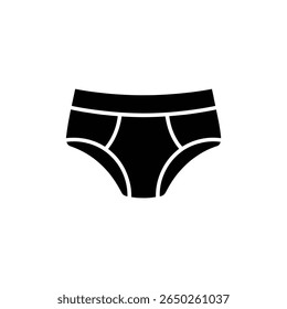Depicts a solid black icon of men's briefs, showcasing the classic underwear style with defined lines, seams, and a simple design isolated on a white background.