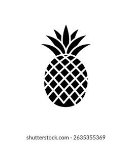 Depicts a solid black pineapple with a crosshatch pattern on its body against a transparent backdrop. A tropical fruit, its leaves are pointed upwards.