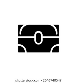 Representa um ícone de baú de tesouro preto sólido, ilustrando claramente sua vista frontal, enfatizando cantos arredondados e um design de trava estilizado, sozinho.