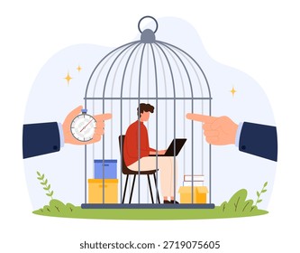Representa o funcionário de escritório estressado dentro da gaiola de pássaros com notebook, cercado por caixas, cronômetro e mão apontando, simbolizando pressão, controle e exploração ilustração de vetor isolado
