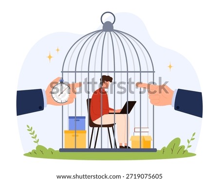 Depicts stressed office worker inside birdcage with laptop, surrounded by boxes, stopwatch, and pointing hand, symbolizing pressure, control, and exploitation isolated vector illustration