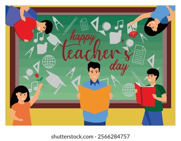 Depicts a Teacher's Day celebration with students handing over gifts and learning materials in front of a blackboard. Flat vector modern illustration 