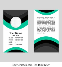 It depicts a teal black business card template with contact details.