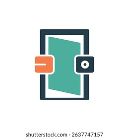 Depicts a teal door icon set in a dark blue frame, with a rounded orange rectangle on one side and a button-like square on the other.