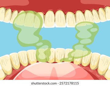 Depicts teeth and mouth with visible odor lines