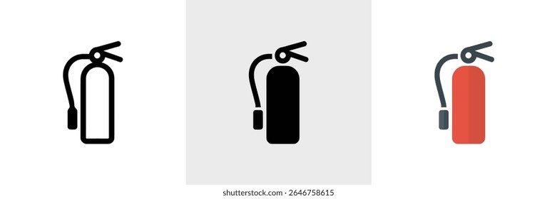 Representa um trio de ícones de extintores de incêndio em estilos variados contorno preto, preto sólido e um cilindro vermelho com um bocal cinza. Ilustração vetorial do equipamento de emergência.