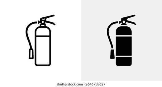 Representa dois ícones de extintor de incêndio; um com um contorno preto em um fundo claro, o outro em preto sólido em um fundo cinza. Apresentar equipamentos essenciais de segurança.