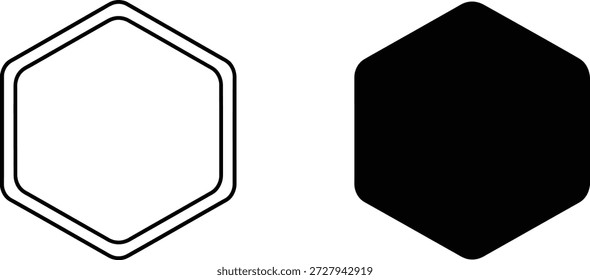 Representa dos Formas geométricas hexagonales, una delineada con un doble borde negro y la otra es completamente negra. Ambos centrados en un fondo blanco.