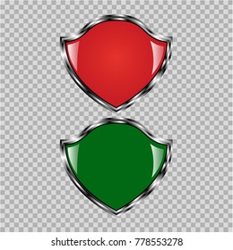 It depicts two objects in the form of a shield of green and red color.