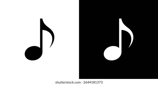 Depicts two versions of a musical note icon, one black on a white background, and the other white on a black background, clean and minimalist design.