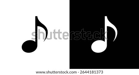 Depicts two versions of a musical note icon, one black on a white background, and the other white on a black background, clean and minimalist design.