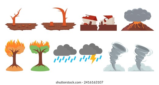 depicts various natural disasters, including drought, wildfire, flood, earthquake, volcanic eruption, and tornadoes. earthquake with damaged building