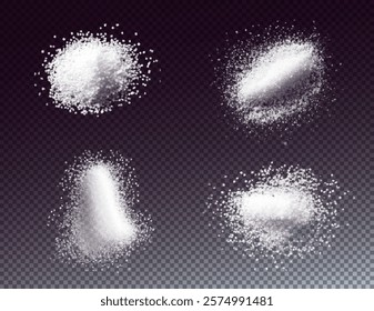 depicts white sugar on a black background. The sugar is presented in loose, granular forms, emphasizing its texture and detail. The minimalistic composition highlights the contrast between