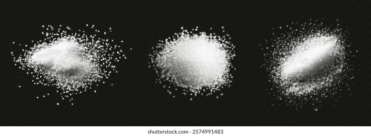 depicts white sugar on a black background. The sugar is presented in loose, granular forms, emphasizing its texture and detail. The minimalistic composition highlights the contrast between