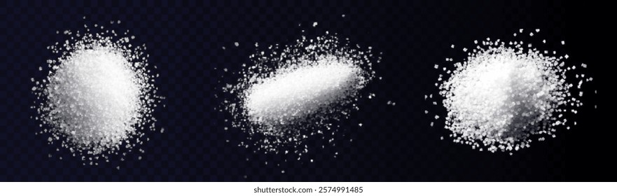 depicts white sugar on a black background. The sugar is presented in loose, granular forms, emphasizing its texture and detail. The minimalistic composition highlights the contrast between