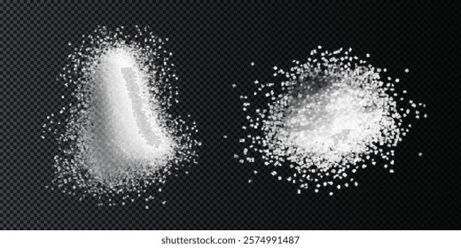 depicts white sugar on a black background. The sugar is presented in loose, granular forms, emphasizing its texture and detail. The minimalistic composition highlights the contrast between