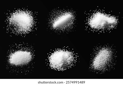 depicts white sugar on a black background. The sugar is presented in loose, granular forms, emphasizing its texture and detail. The minimalistic composition highlights the contrast between