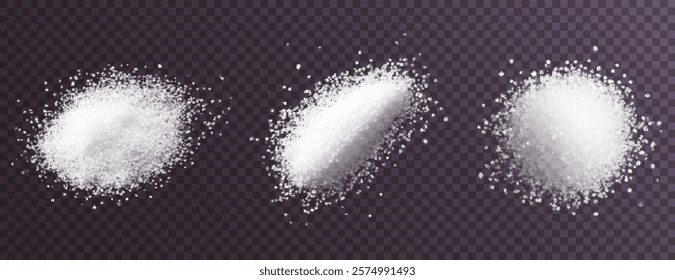 depicts white sugar on a black background. The sugar is presented in loose, granular forms, emphasizing its texture and detail. The minimalistic composition highlights the contrast between